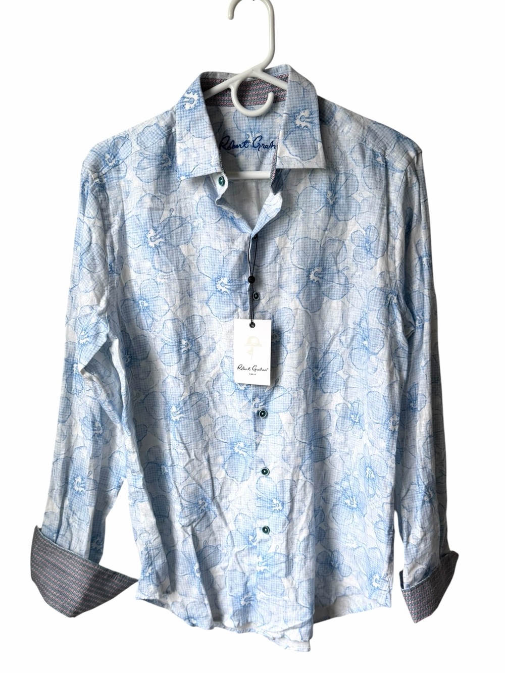 Robert Graham Blakely Linen Blend Button Up Shirt Small White Blue Floral NWT